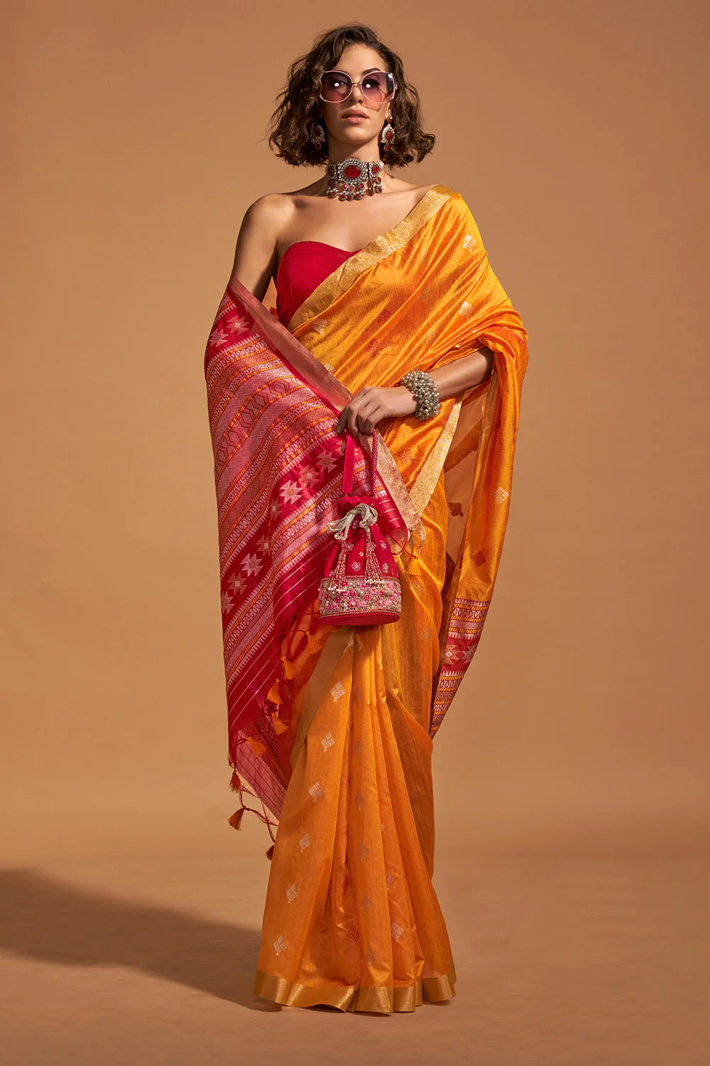 Orange Handloom Silk Saree