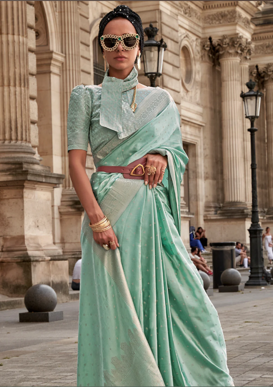 Pastel Green Pure Satin Handloom Weaving Silk Saree