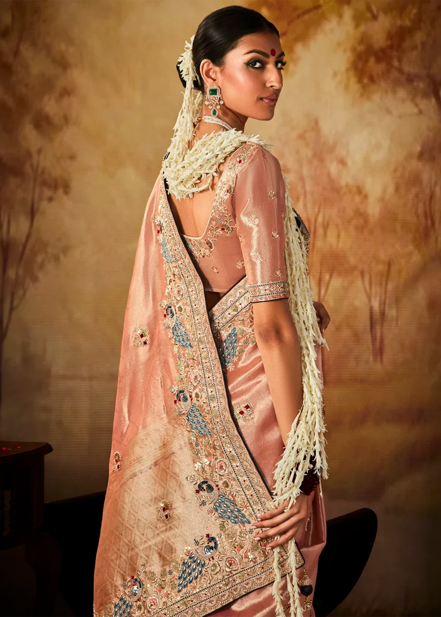 Peach Pure Banarasi Kanjivaram Saree with Heavy Pallu Weaving