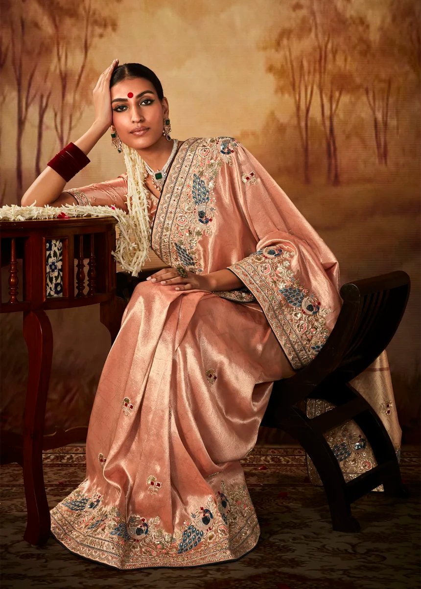 Peach Pure Banarasi Kanjivaram Saree with Heavy Pallu Weaving