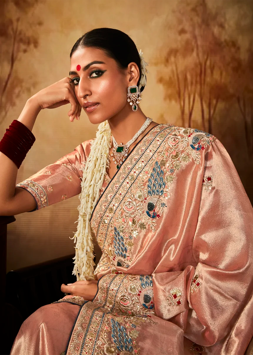 Peach Pure Banarasi Kanjivaram Saree with Heavy Pallu Weaving