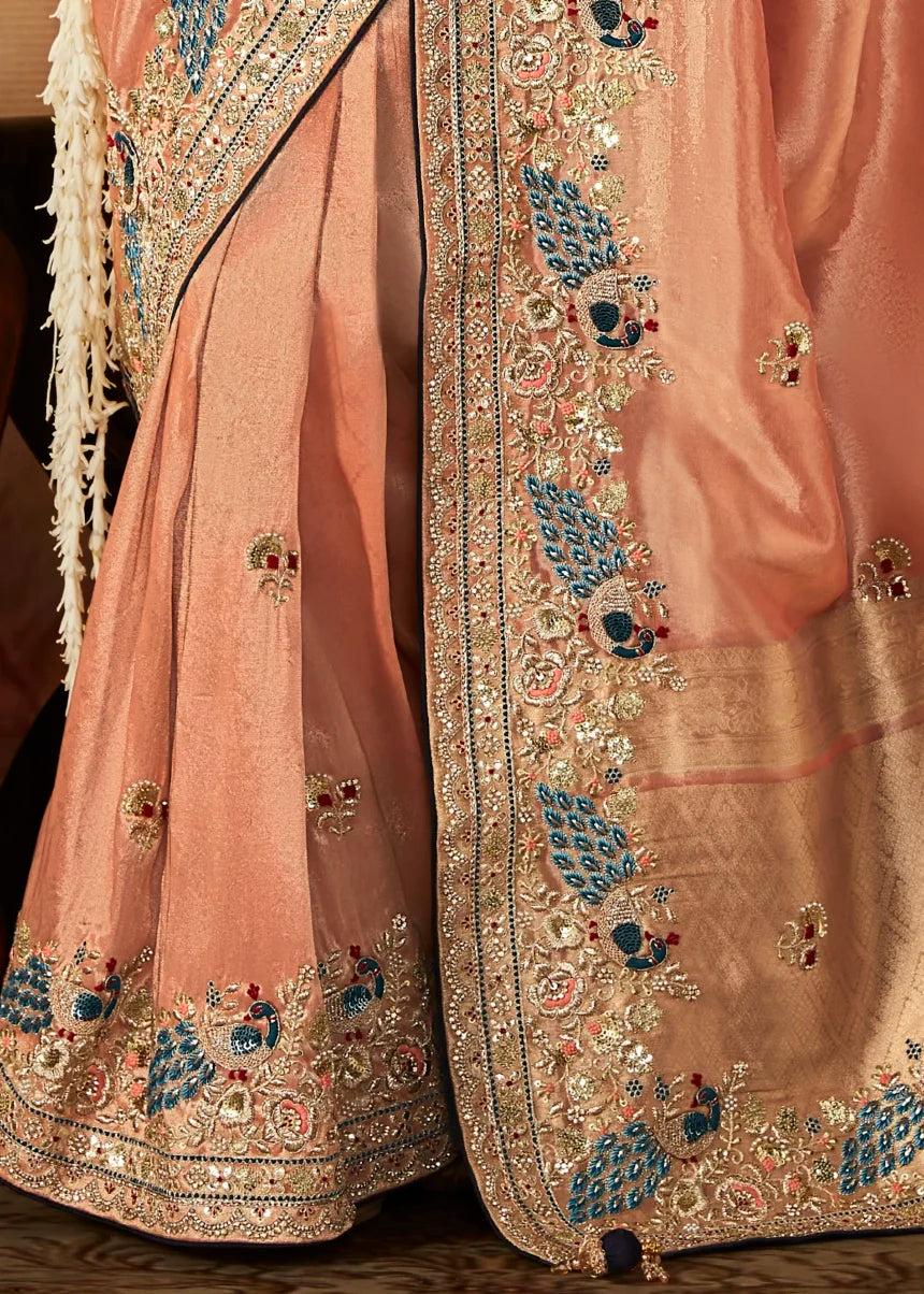 Peach Pure Banarasi Kanjivaram Saree with Heavy Pallu Weaving