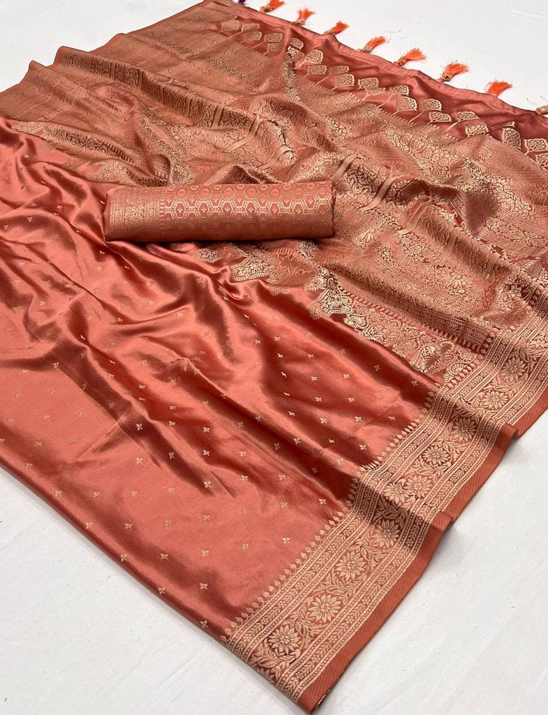 Peach Pure Satin Handloom Weaving Silk Saree