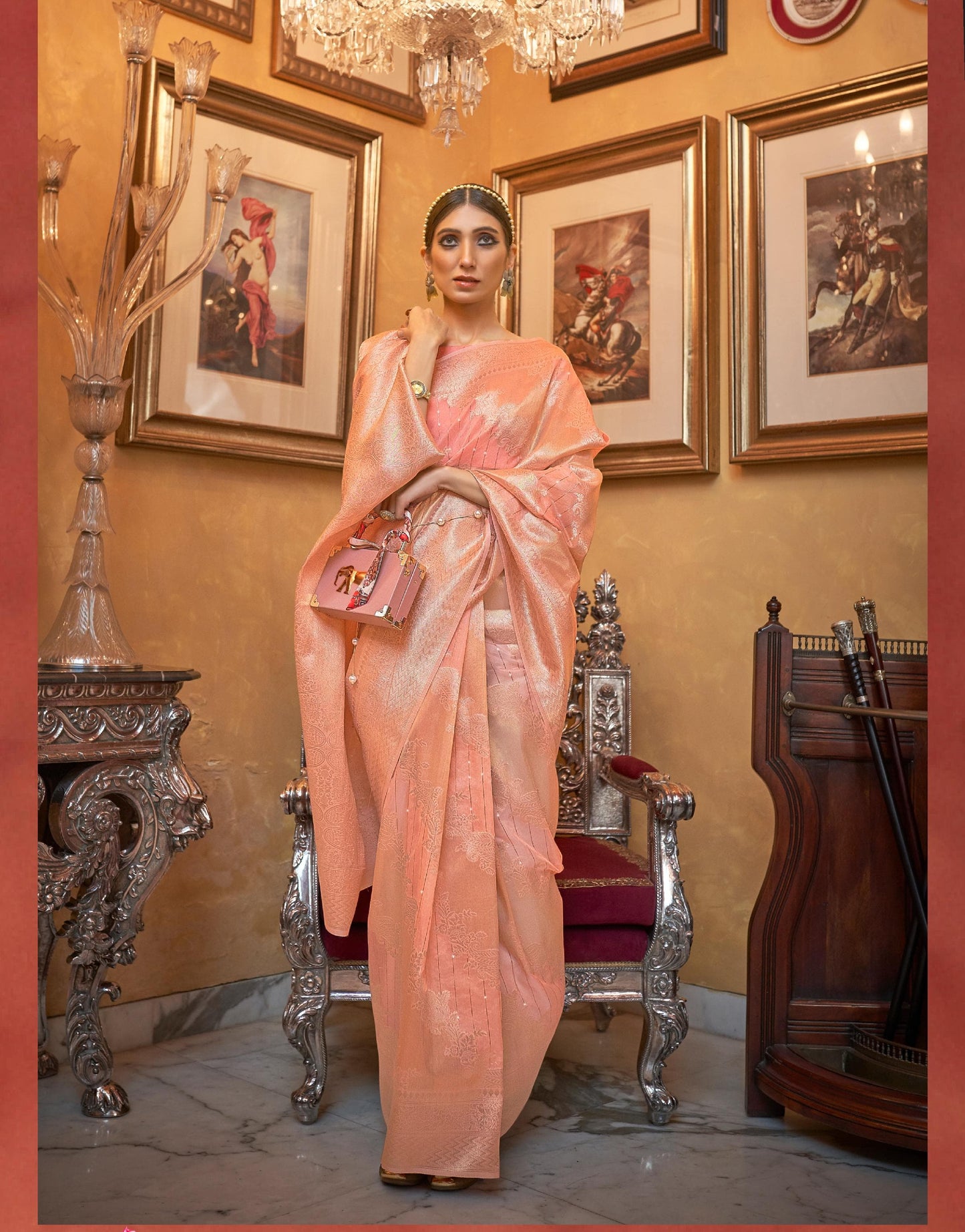Peach Modal Sequence Silk Saree