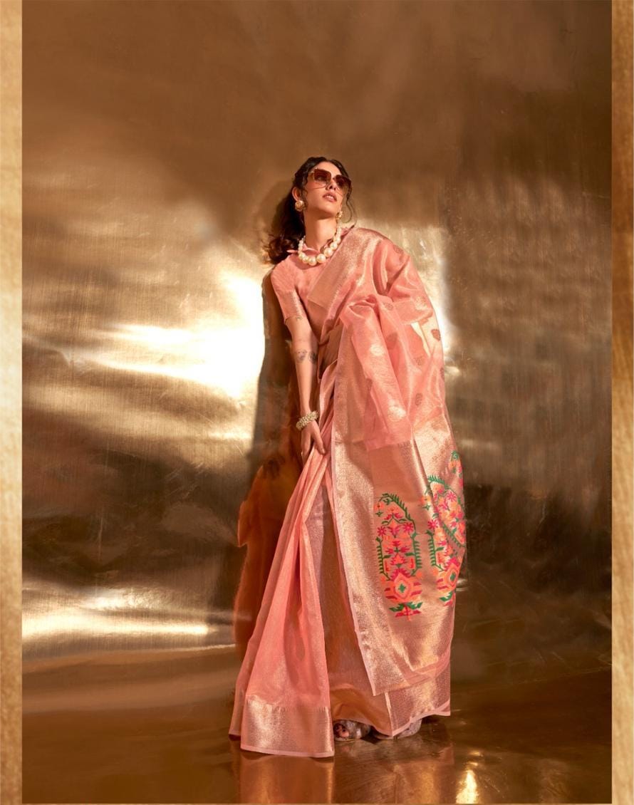 Peach Kora Tissue Paithani Zari Handwoven Saree