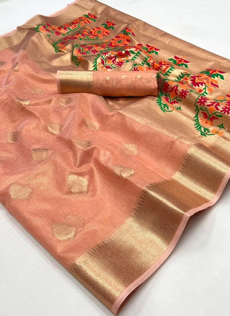 Peach Kora Tissue Paithani Zari Handwoven Saree