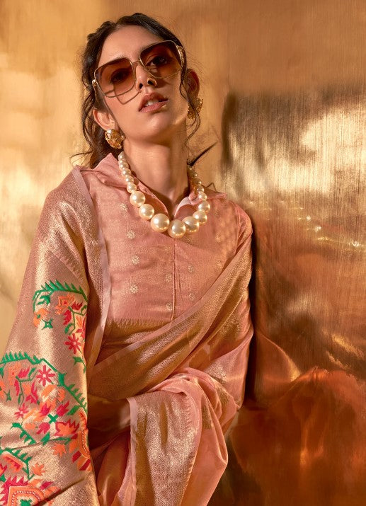 Peach Kora Tissue Paithani Zari Handwoven Saree