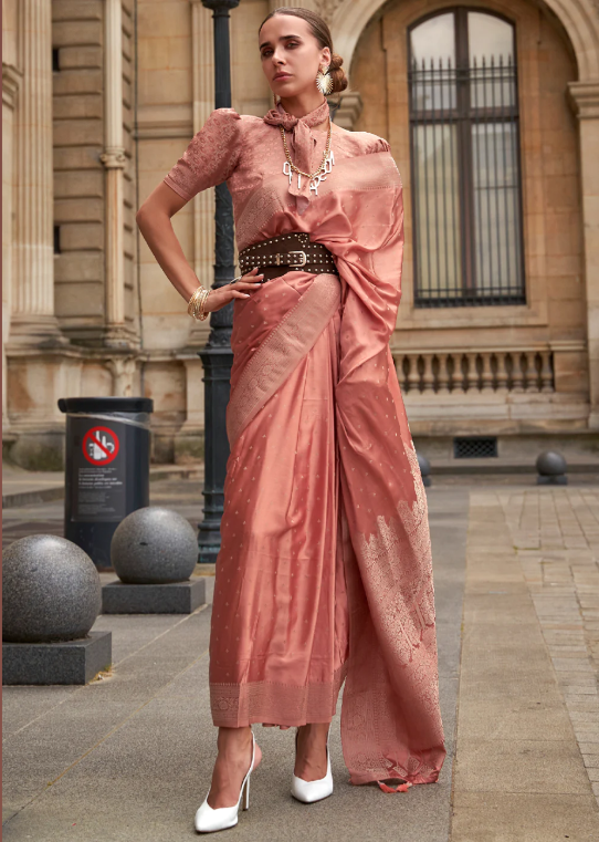 Peach Pure Satin Handloom Weaving Silk Saree
