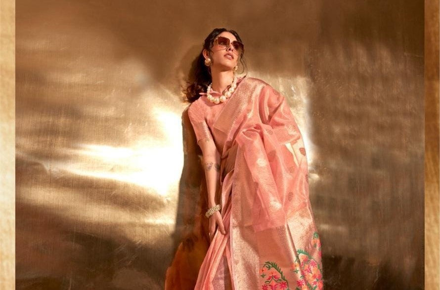 Peach Kora Tissue Paithani Zari Handwoven Saree