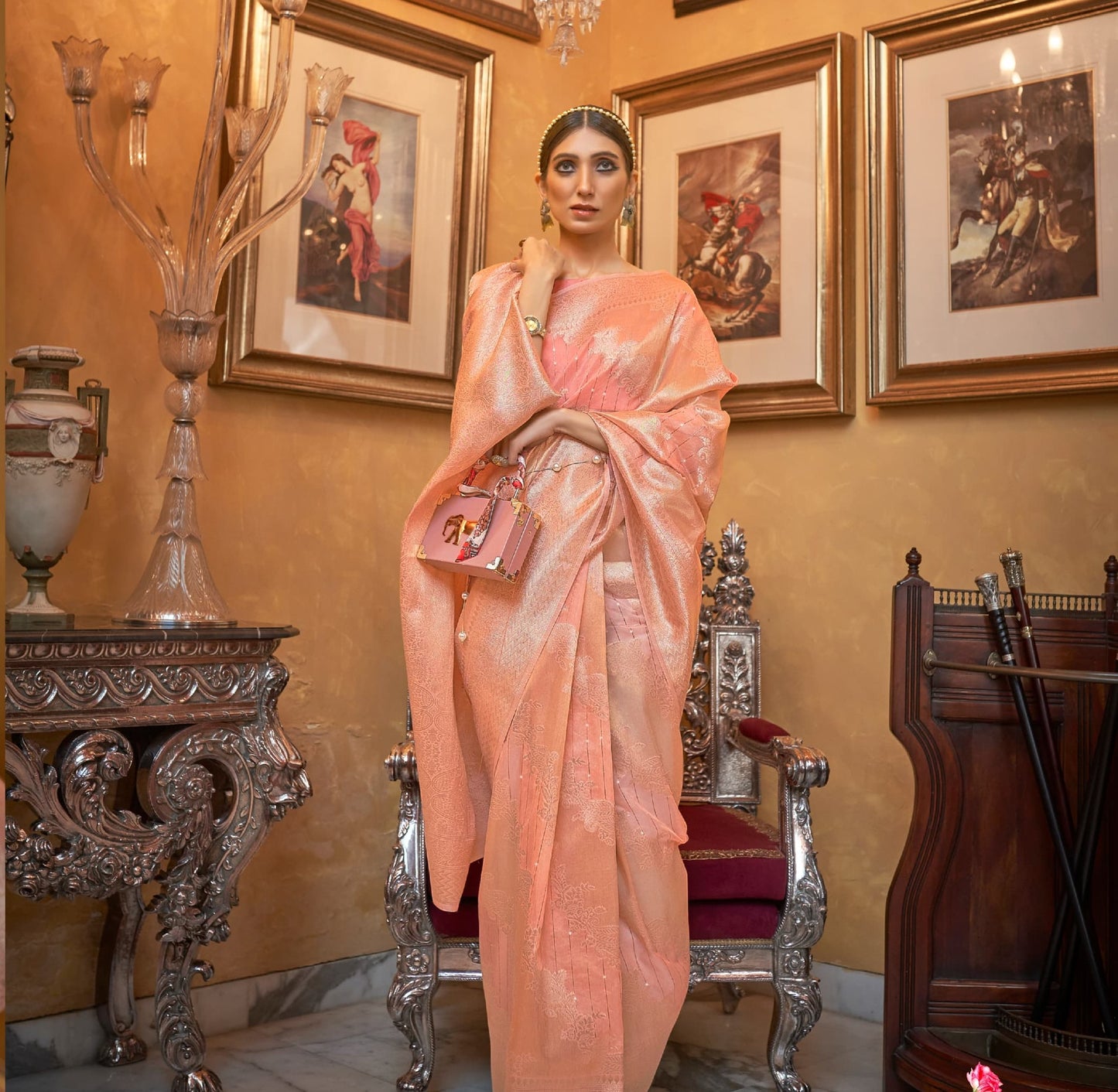 Peach Modal Sequence Silk Saree