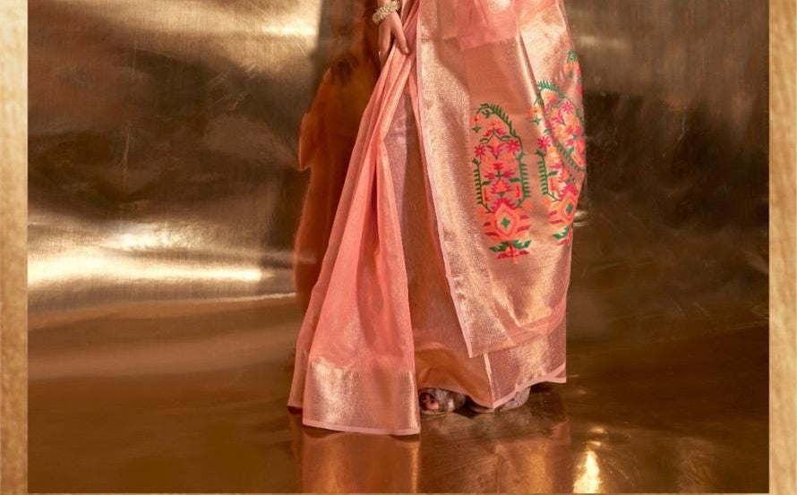 Peach Kora Tissue Paithani Zari Handwoven Saree