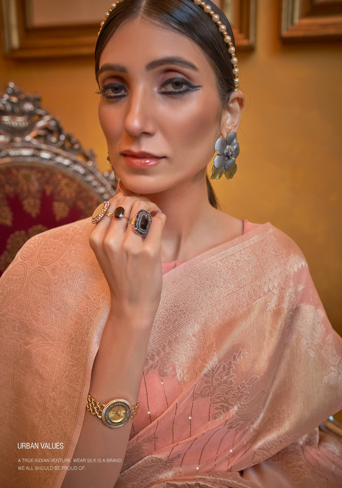 Peach Modal Sequence Silk Saree