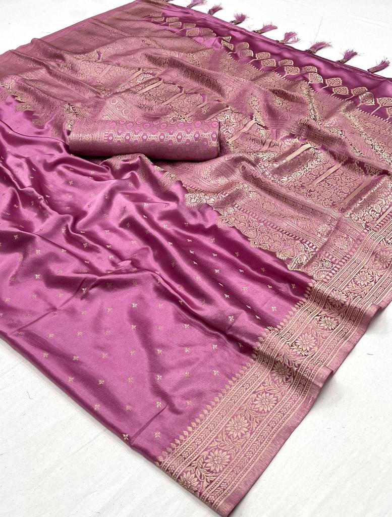 Onion Pink Pure Satin Handloom Weaving Silk Saree