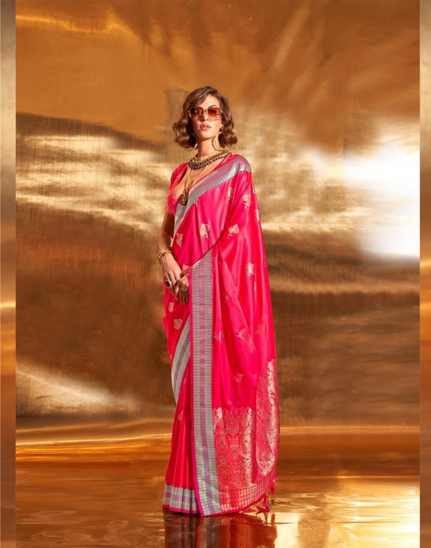 Dark Pink Pure Satin Chaap Handloom Weaving Silk