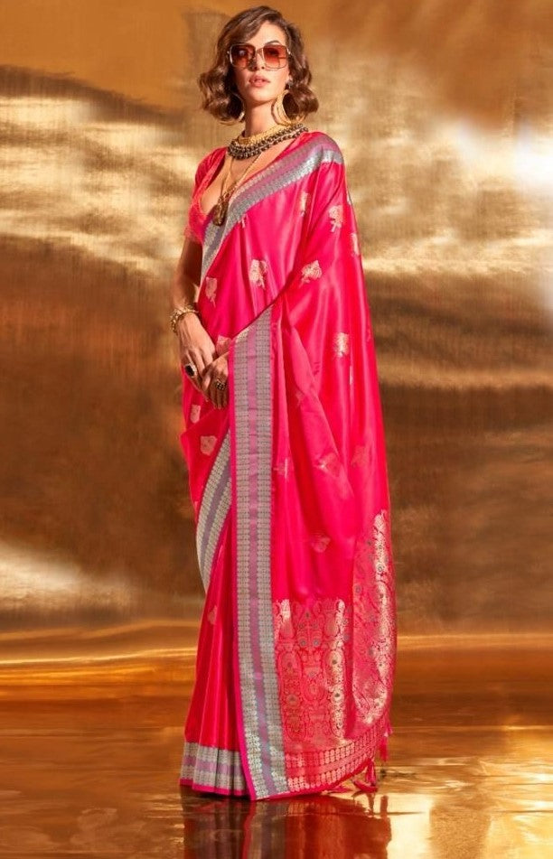 Dark Pink Pure Satin Chaap Handloom Weaving Silk