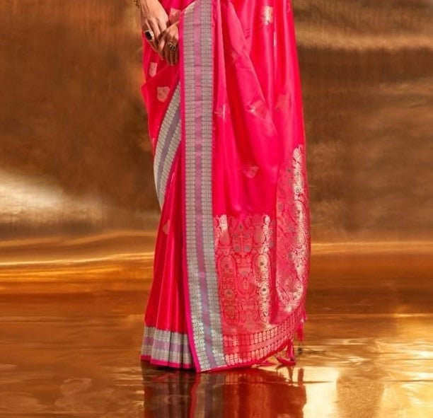 Dark Pink Pure Satin Chaap Handloom Weaving Silk