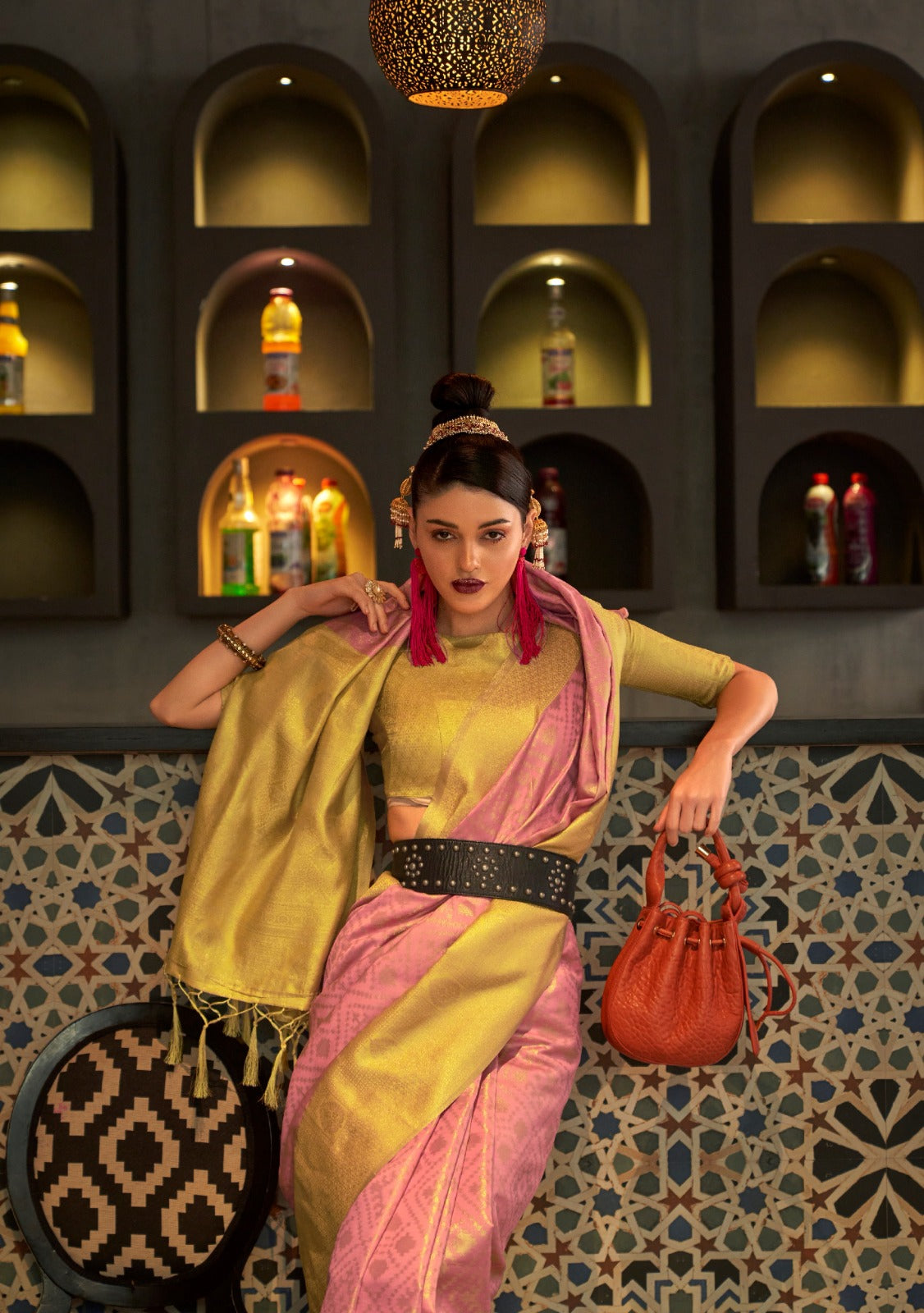 Peach & Yellow Zari Base Chaap Handloom Weaving Silk