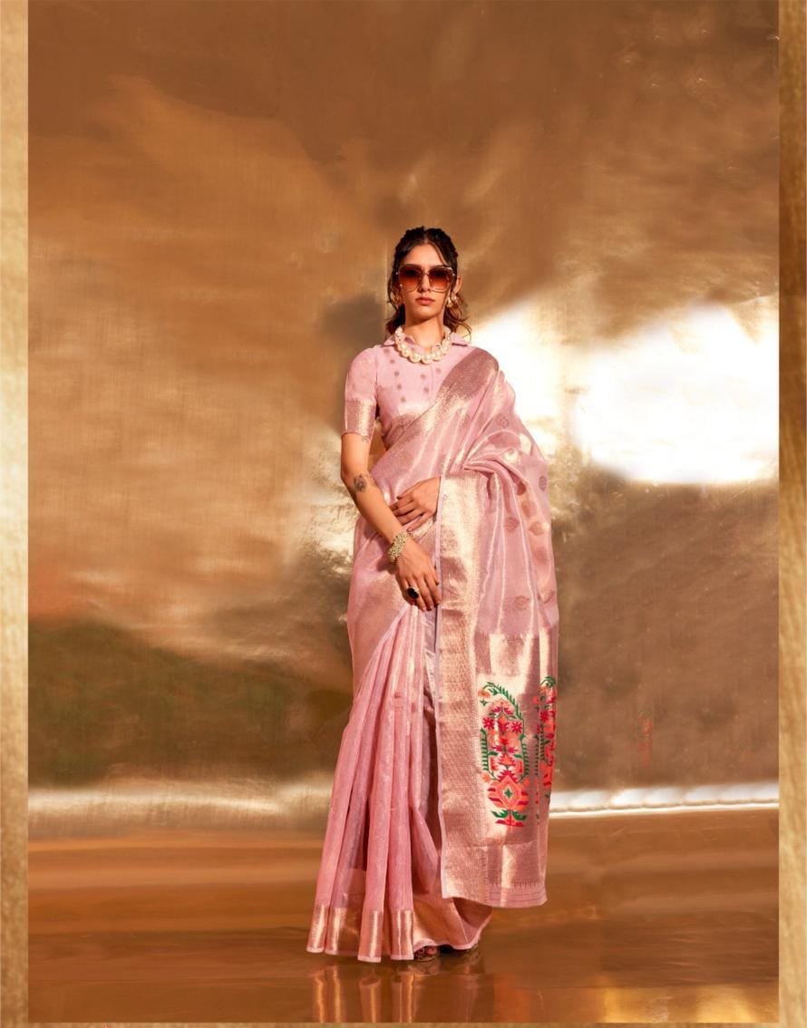 Pink Kora Tissue Paithani Zari Handwoven Saree