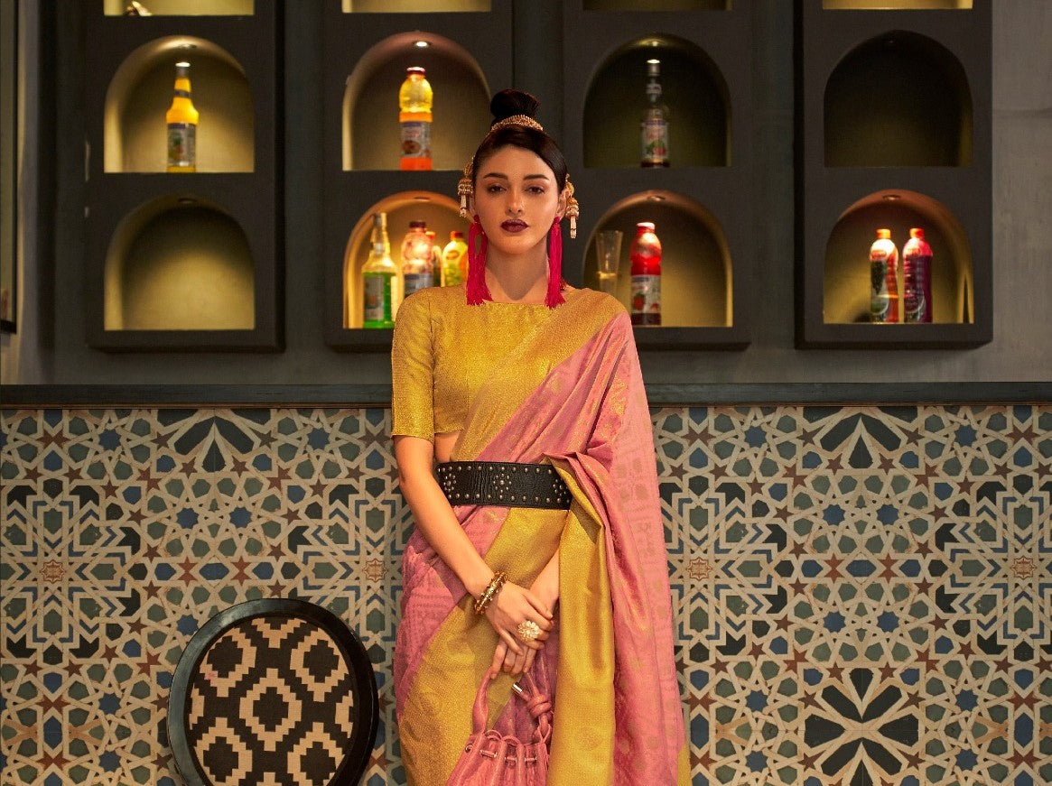 Peach & Yellow Zari Base Chaap Handloom Weaving Silk