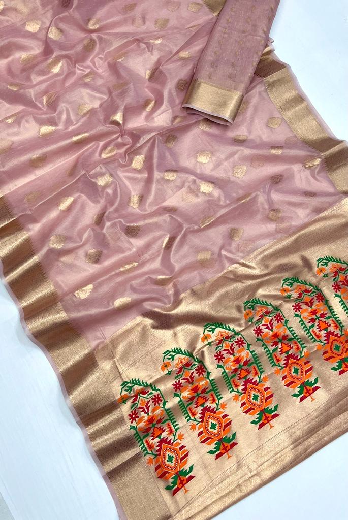Pink Kora Tissue Paithani Zari Handwoven Saree