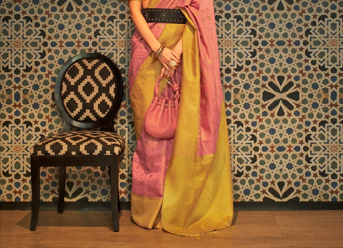 Peach & Yellow Zari Base Chaap Handloom Weaving Silk