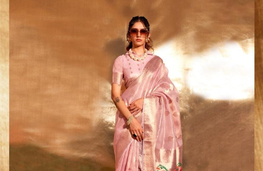 Pink Kora Tissue Paithani Zari Handwoven Saree