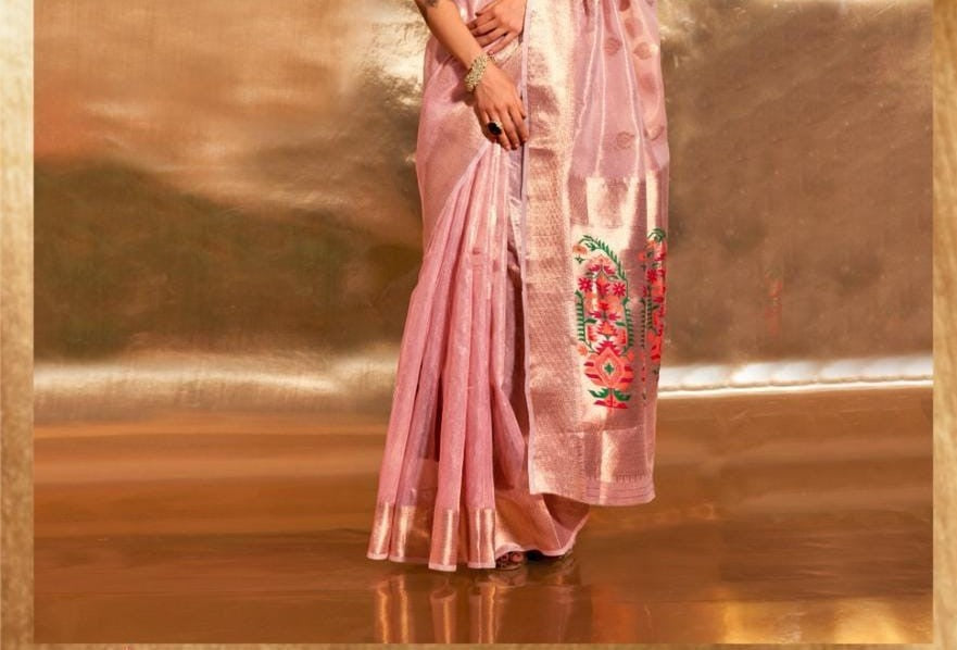 Pink Kora Tissue Paithani Zari Handwoven Saree