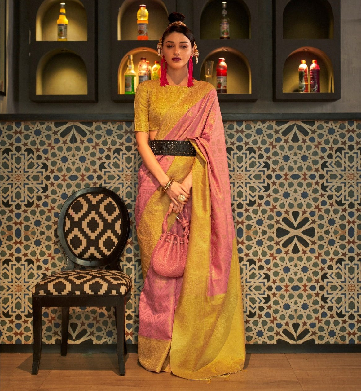 Peach & Yellow Zari Base Chaap Handloom Weaving Silk