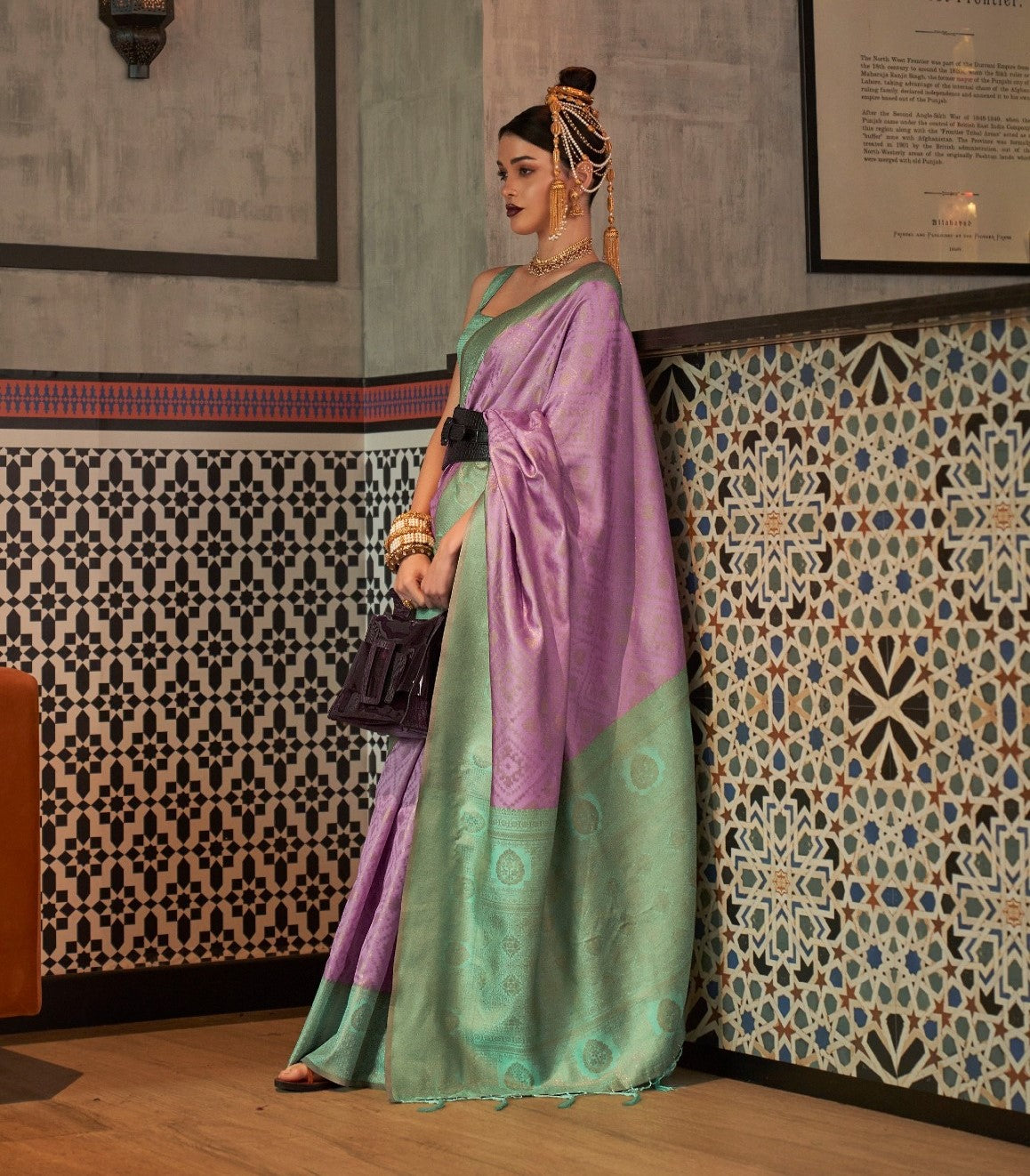 Purple & Green Zari Base Chaap Handloom Weaving Silk