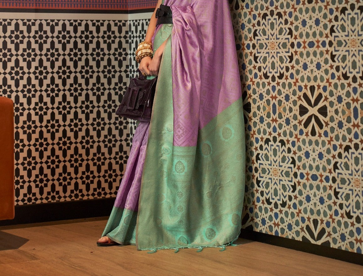 Purple & Green Zari Base Chaap Handloom Weaving Silk