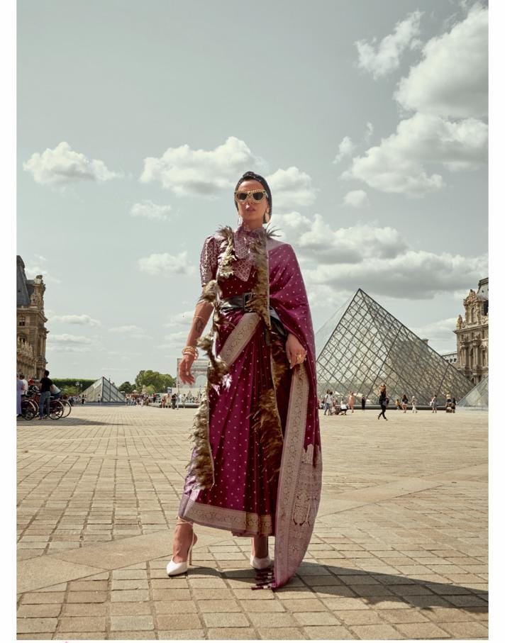 Wine Red Pure Satin Handloom Weaving Silk Saree