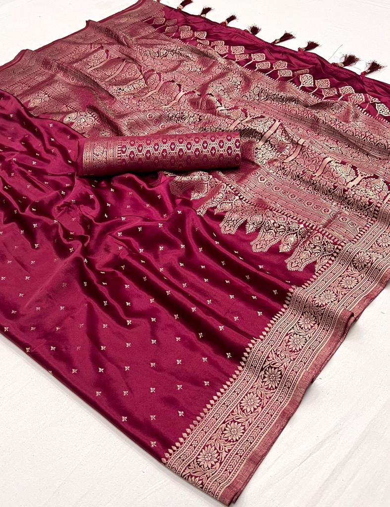 Wine Red Pure Satin Handloom Weaving Silk Saree