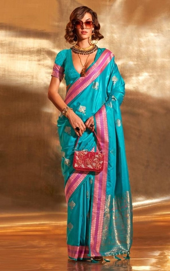 Sky Blue Pure Satin Chaap Handloom Weaving Silk