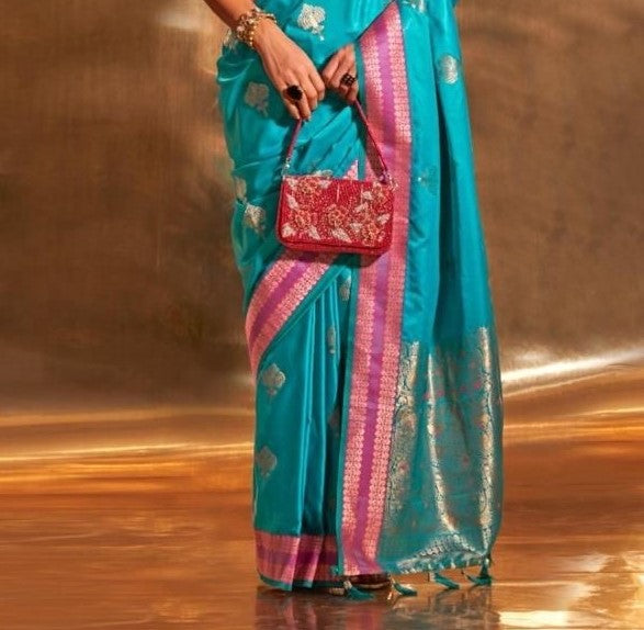 Sky Blue Pure Satin Chaap Handloom Weaving Silk