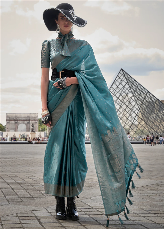 Storm Blue Pure Satin Handloom Weaving Silk Saree