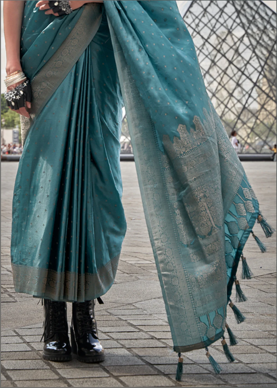 Storm Blue Pure Satin Handloom Weaving Silk Saree