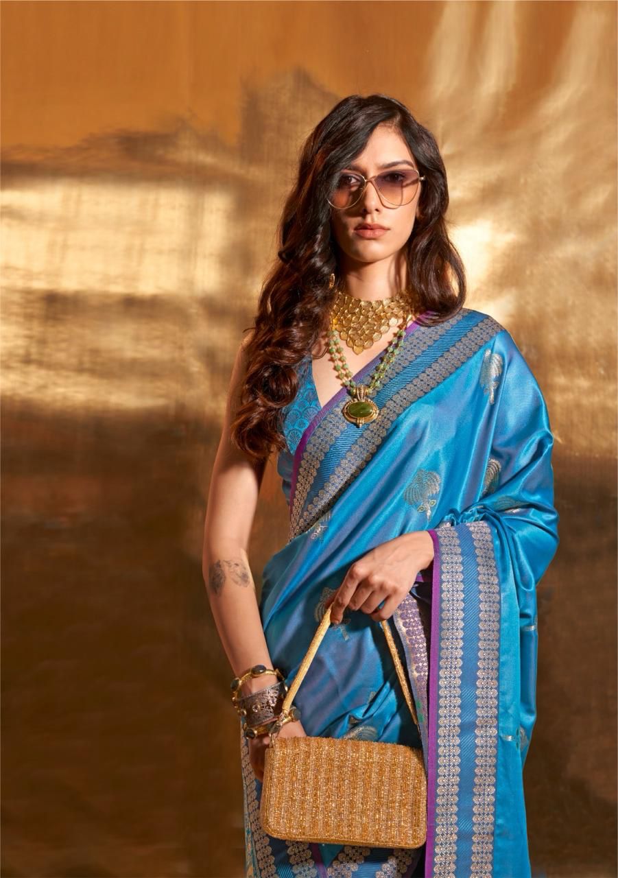 Blue Pure Satin Chaap Handloom Weaving Silk