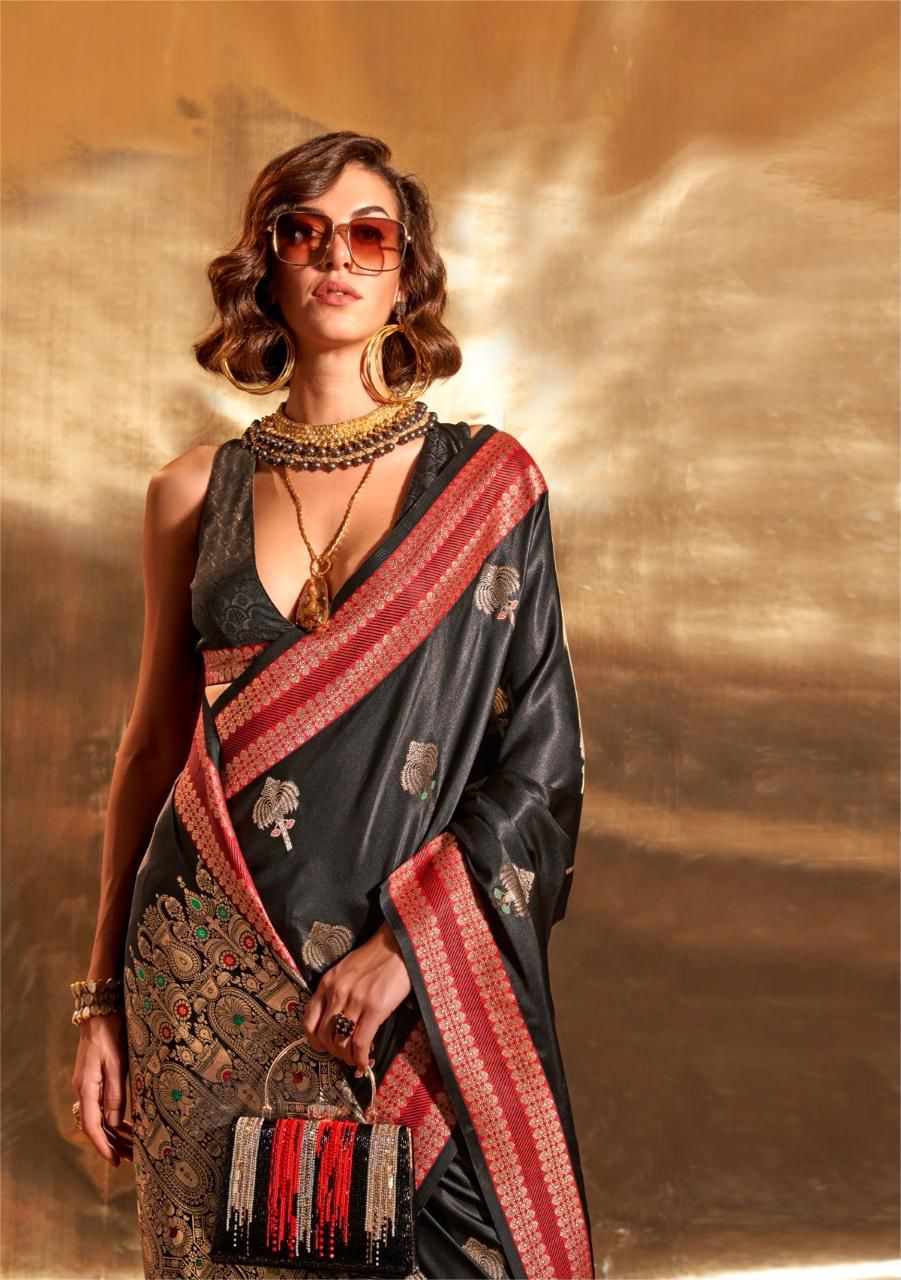 Black Pure Satin Chaap Handloom Weaving Silk