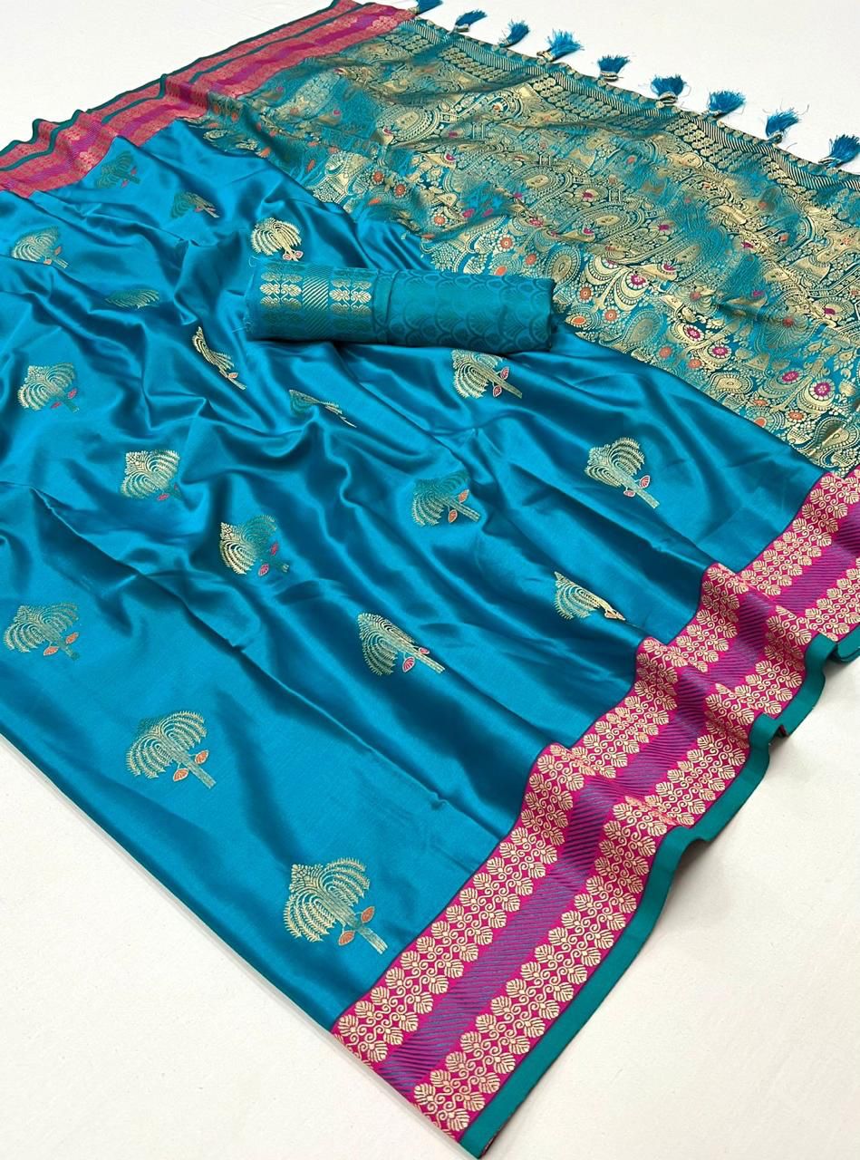 Sky Blue Pure Satin Chaap Handloom Weaving Silk