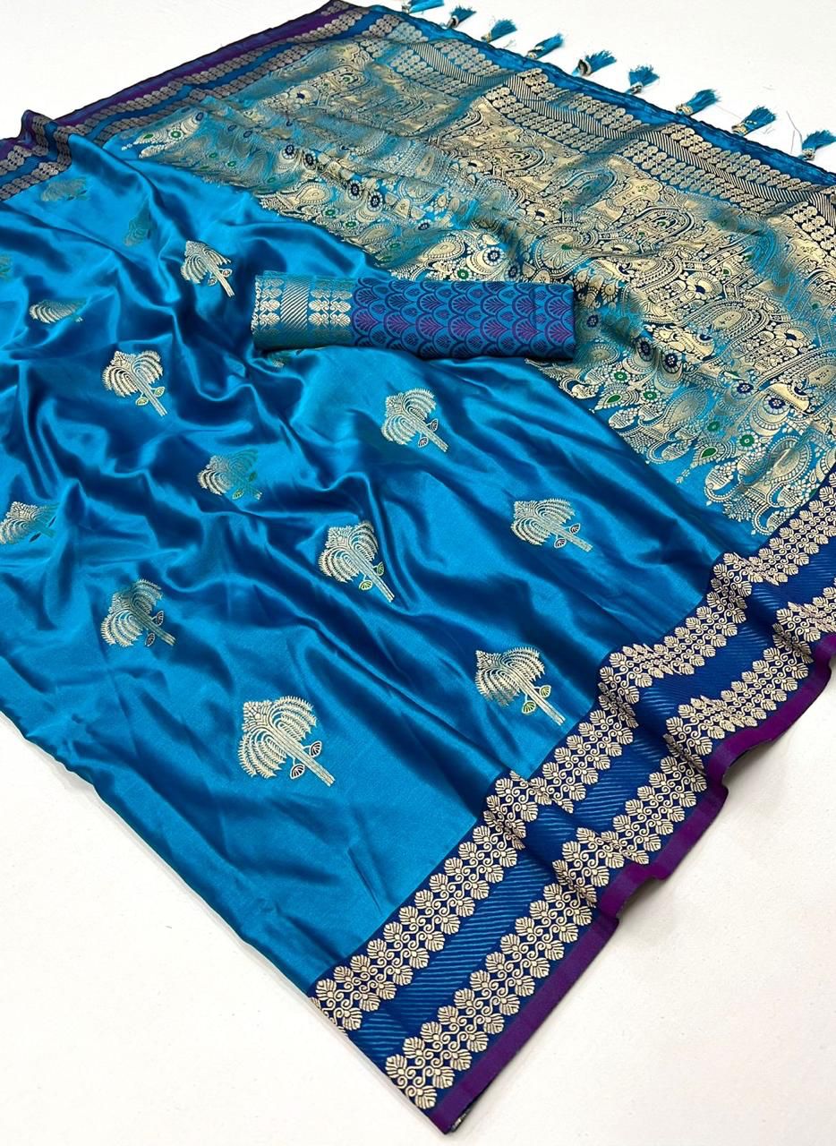 Blue Pure Satin Chaap Handloom Weaving Silk