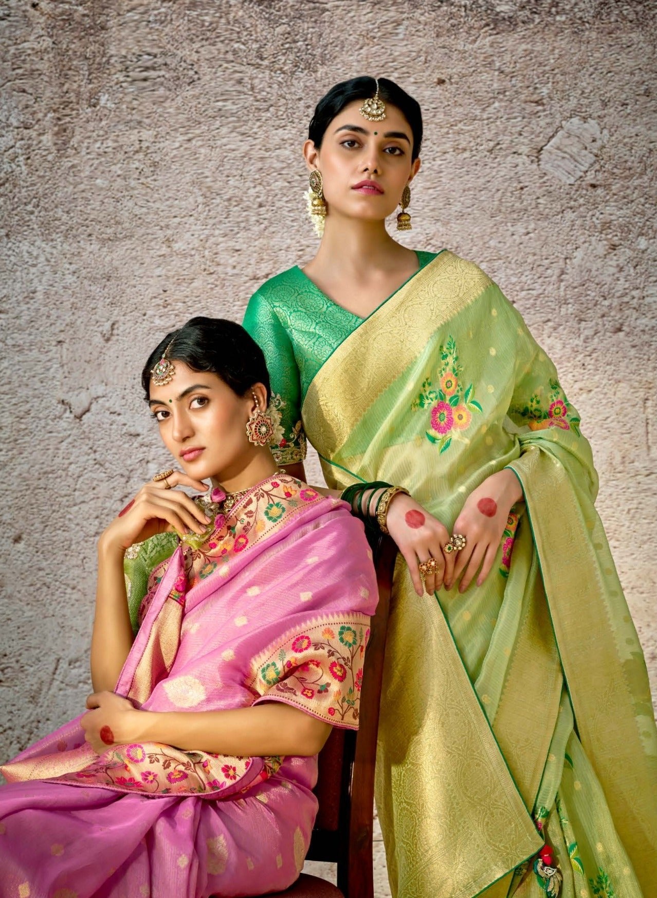Pastel Green Kora Banarasi Saree With Delicate Floral Patterns