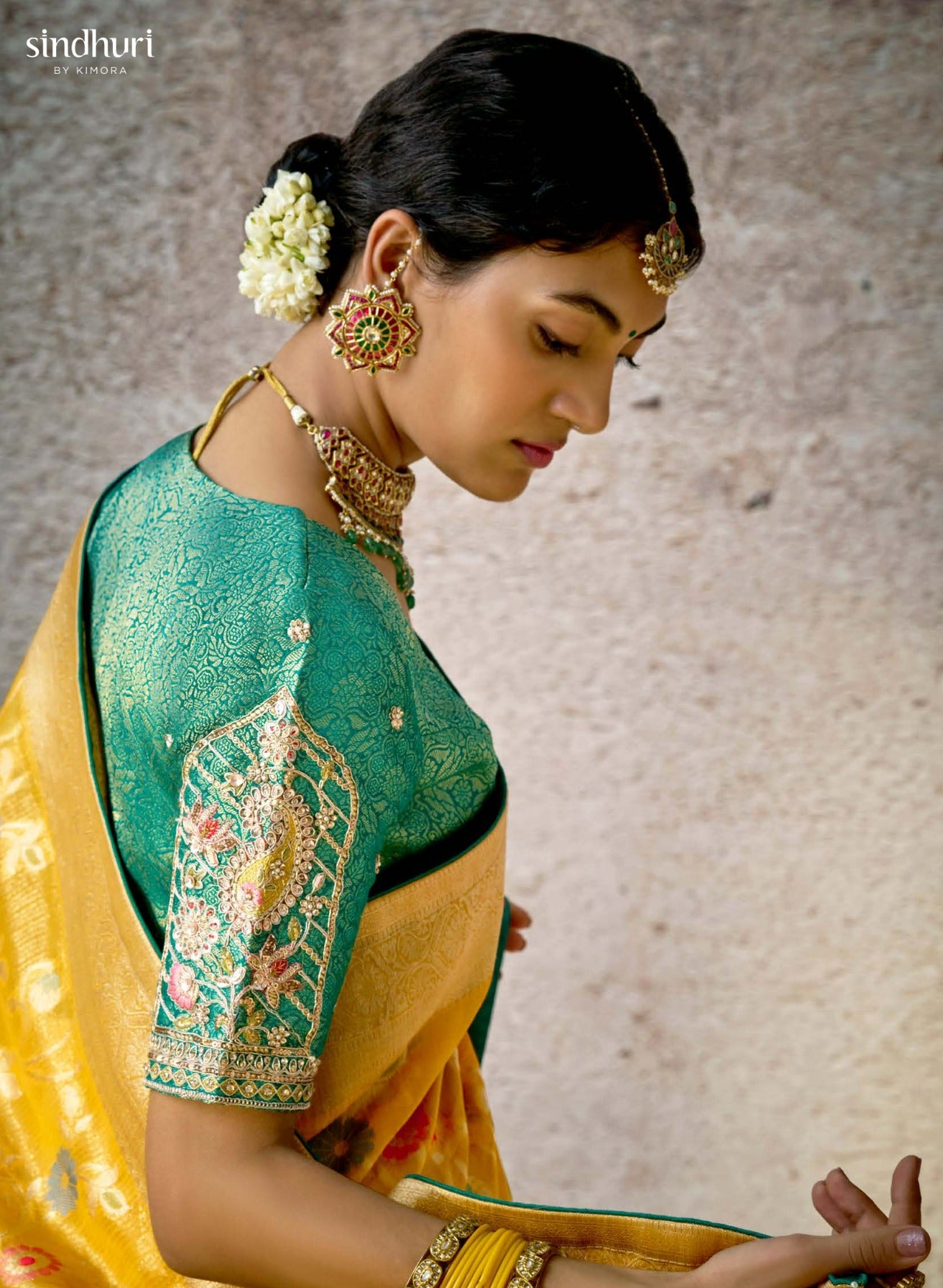 Bridal Yellow Kora Banarasi Saree With Delicate Floral Patterns