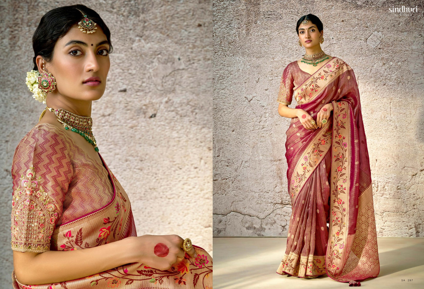 Rosewood Brown Kora Banarasi Saree With Delicate Floral Patterns