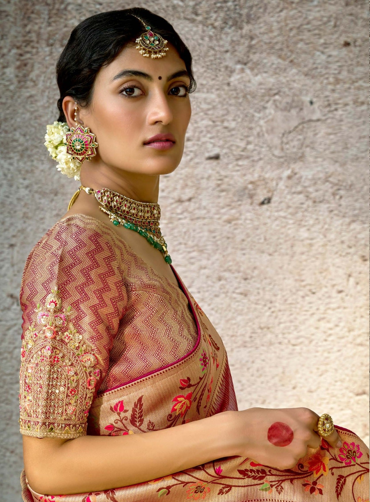 Rosewood Brown Kora Banarasi Saree With Delicate Floral Patterns