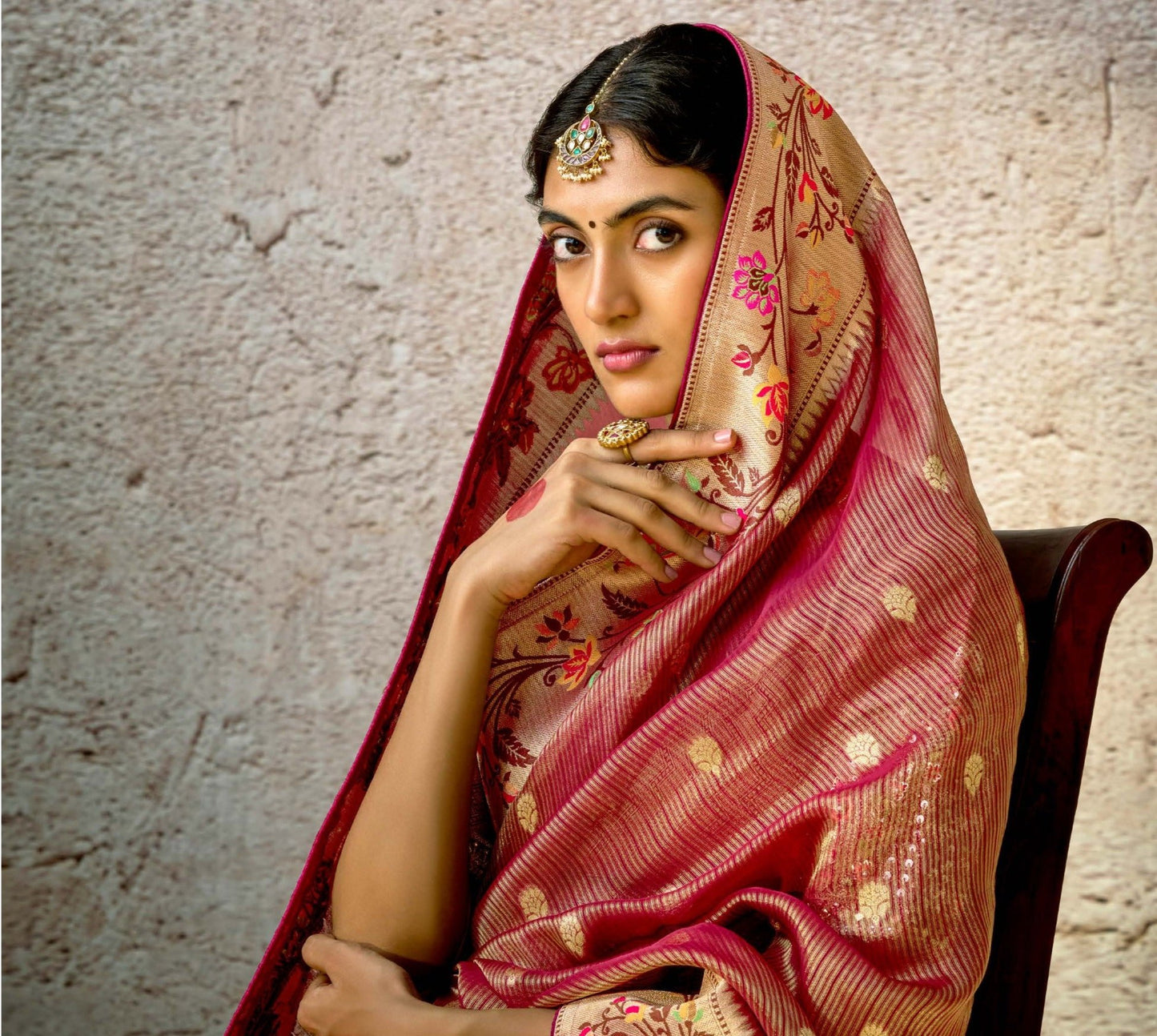 Rosewood Brown Kora Banarasi Saree With Delicate Floral Patterns