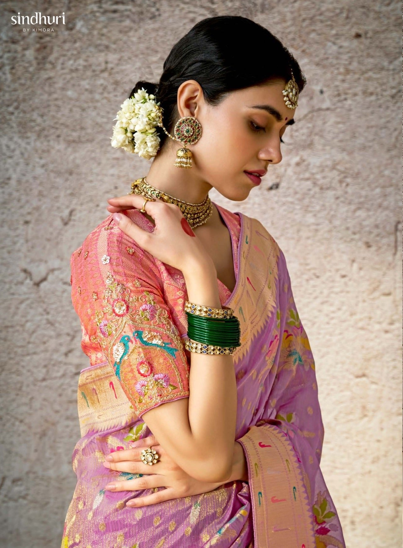 Lavender Kora Banarasi Saree With Delicate Floral Patterns
