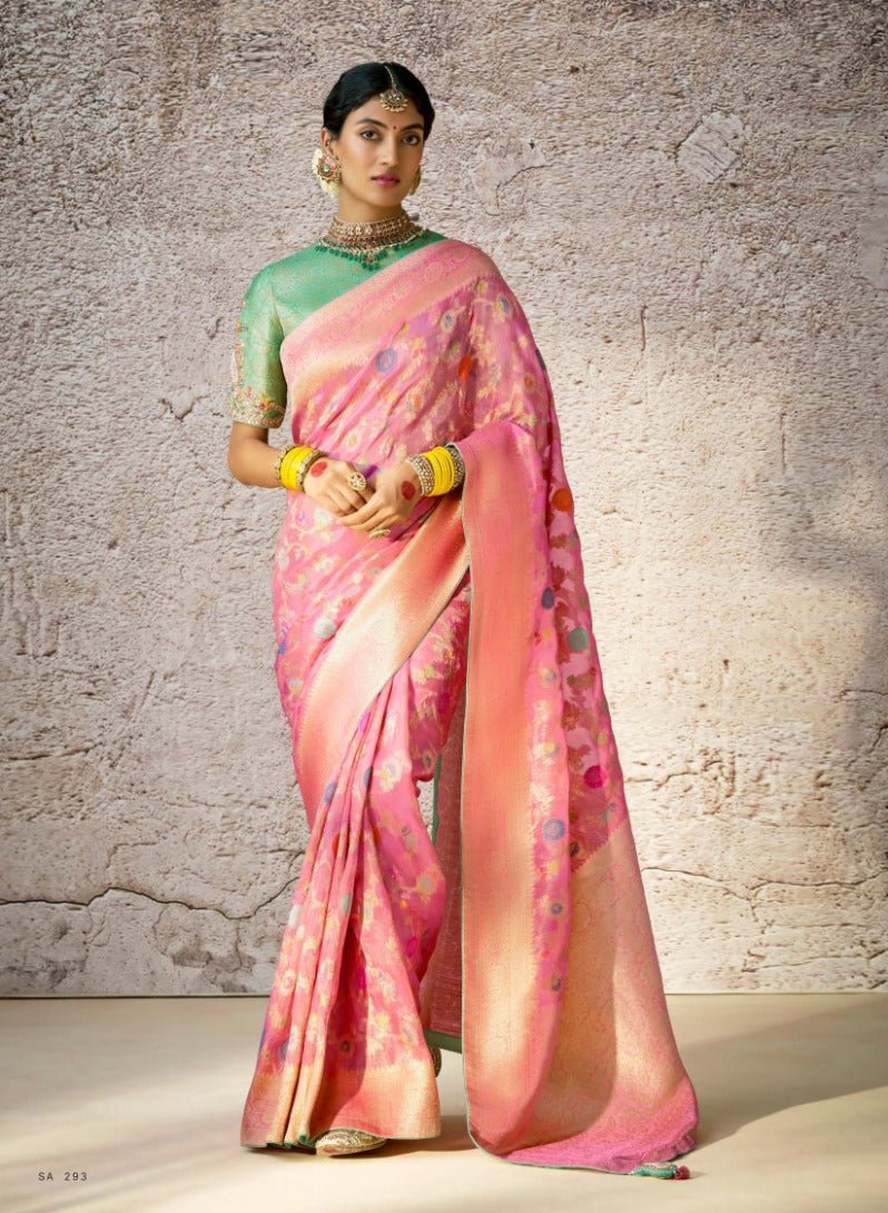 Pastel Pink Kora Banarasi Saree With Delicate Floral Patterns