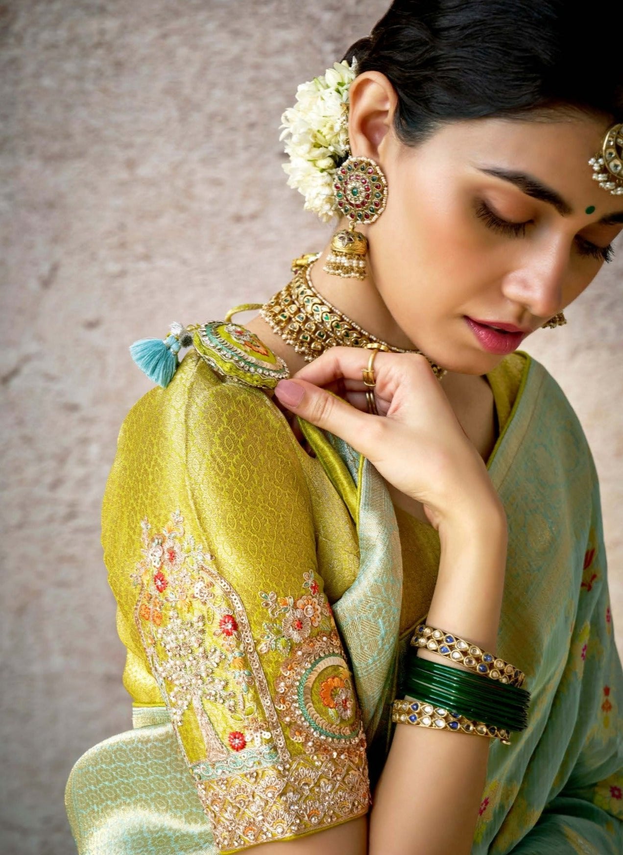 Pistachio Green Kora Banarasi Saree With Delicate Floral Patterns