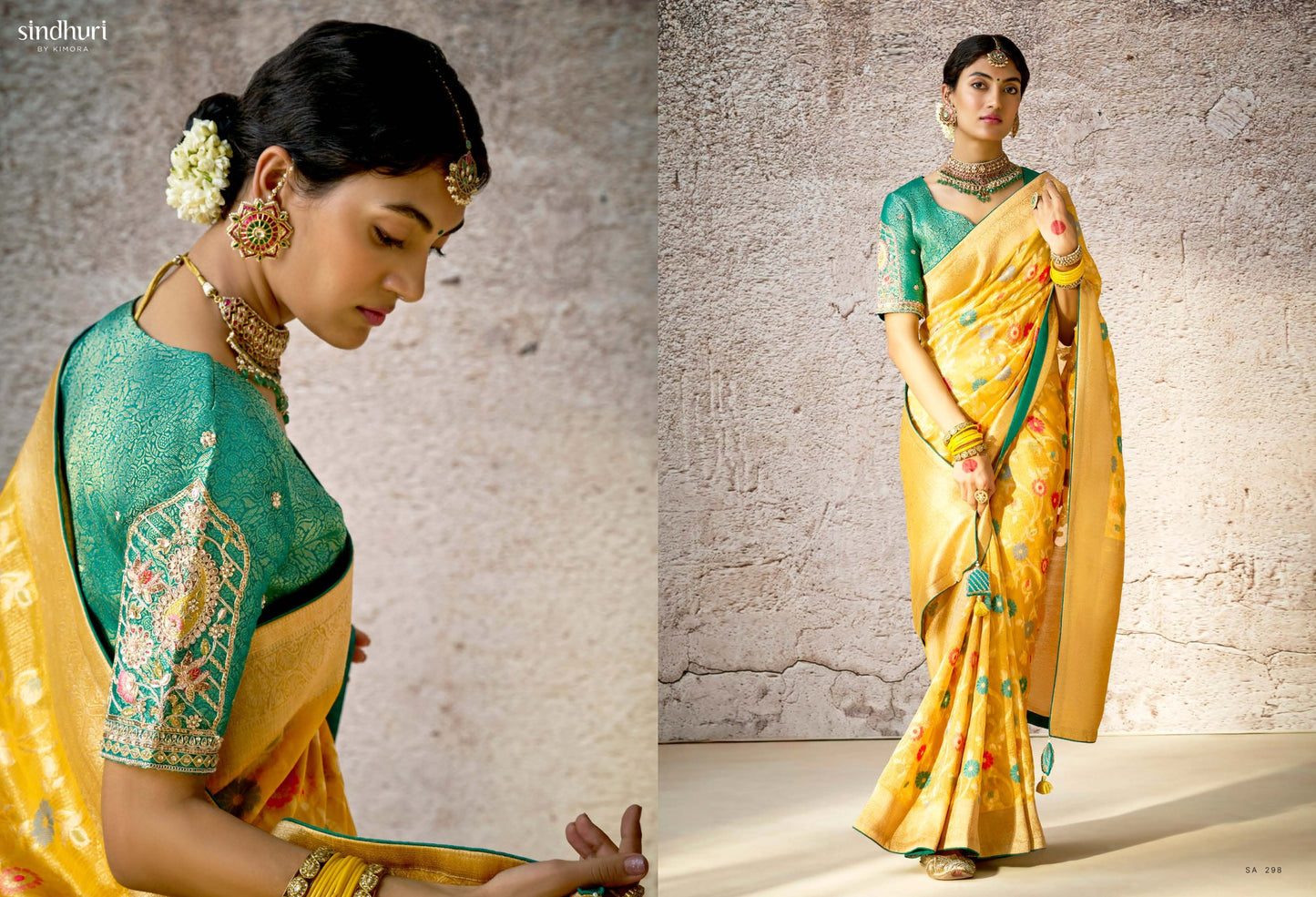 Bridal Yellow Kora Banarasi Saree With Delicate Floral Patterns