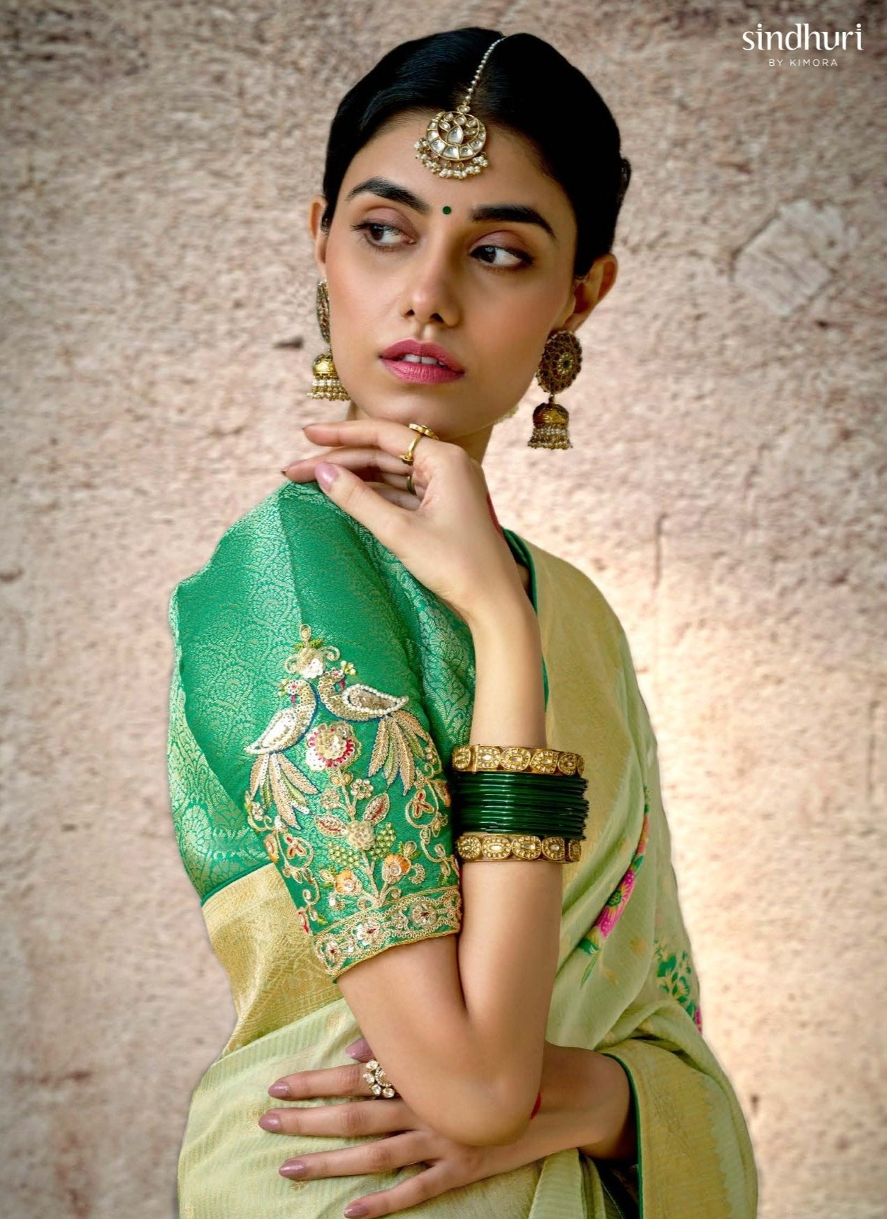 Pastel Green Kora Banarasi Saree With Delicate Floral Patterns